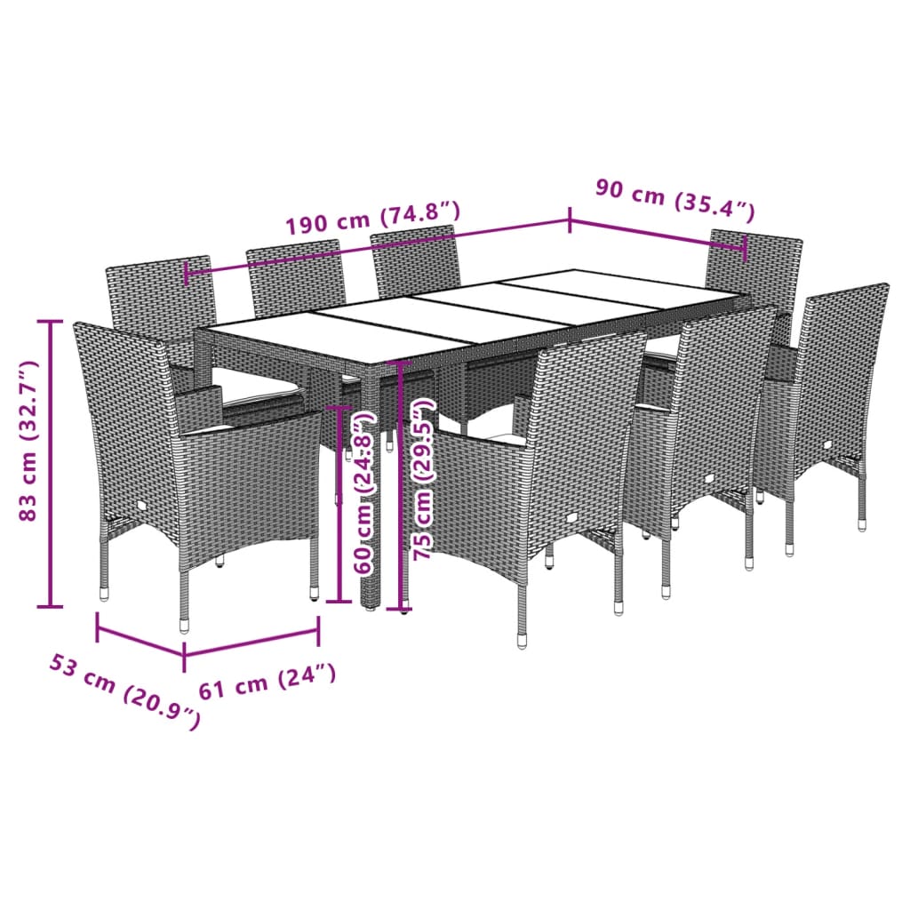 9-tlg. Garten-Essgruppe mit Kissen Grau Poly Rattan und Glas