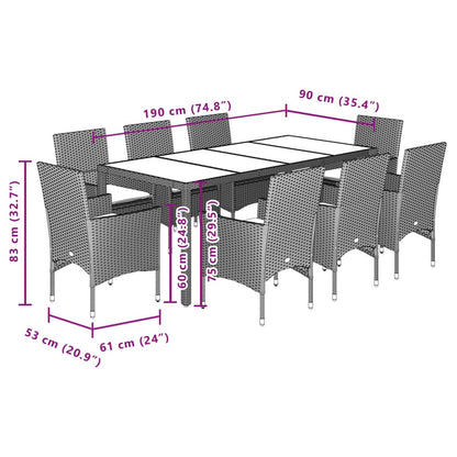 9-tlg. Garten-Essgruppe mit Kissen Grau Poly Rattan und Glas