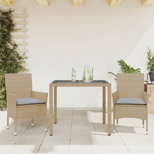 3-tlg. Garten-Essgruppe mit Kissen Beige Poly Rattan und Glas