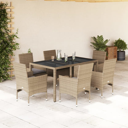 7-tlg. Garten-Essgruppe mit Kissen Beige Poly Rattan und Glas