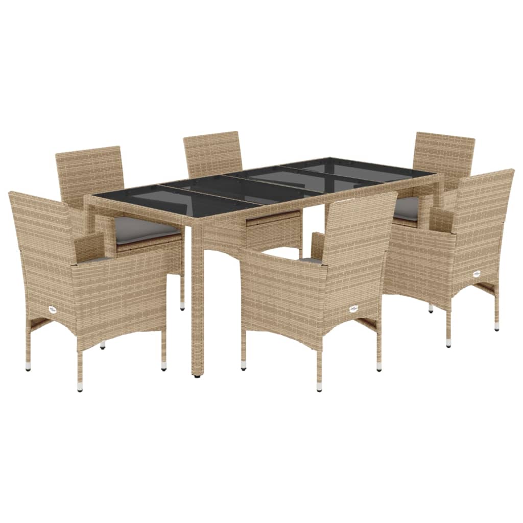 7-tlg. Garten-Essgruppe mit Kissen Beige Poly Rattan und Glas