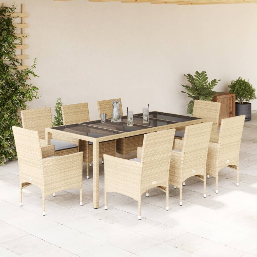 9-tlg. Garten-Essgruppe mit Kissen Beige Poly Rattan Glas