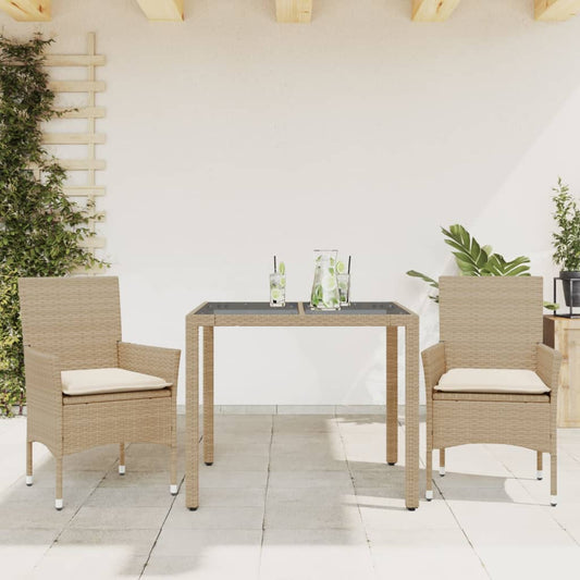 3-tlg. Garten-Essgruppe mit Kissen Beige Poly Rattan und Glas