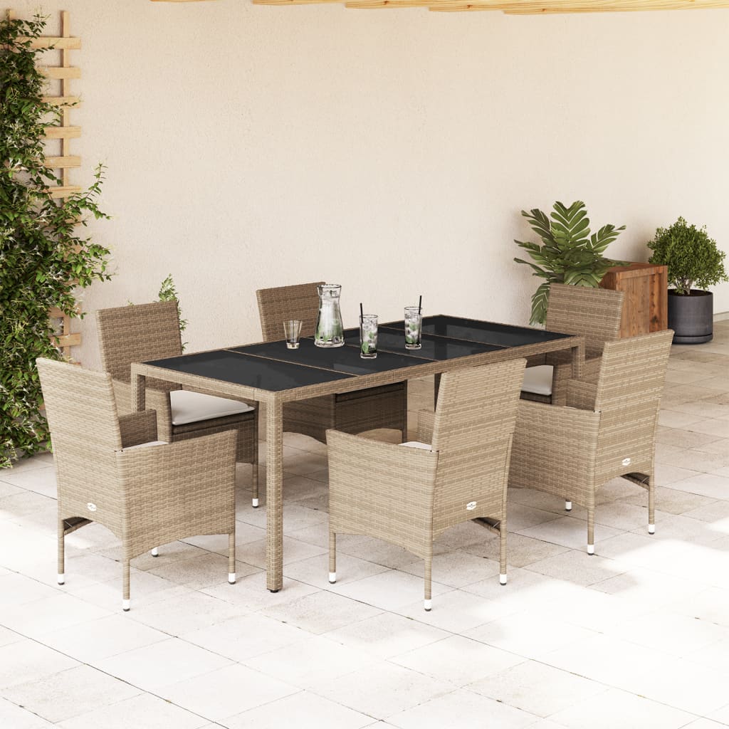 7-tlg. Garten-Essgruppe mit Kissen Beige Poly Rattan und Glas