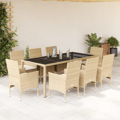 9-tlg. Garten-Essgruppe mit Kissen Beige Poly Rattan Glas