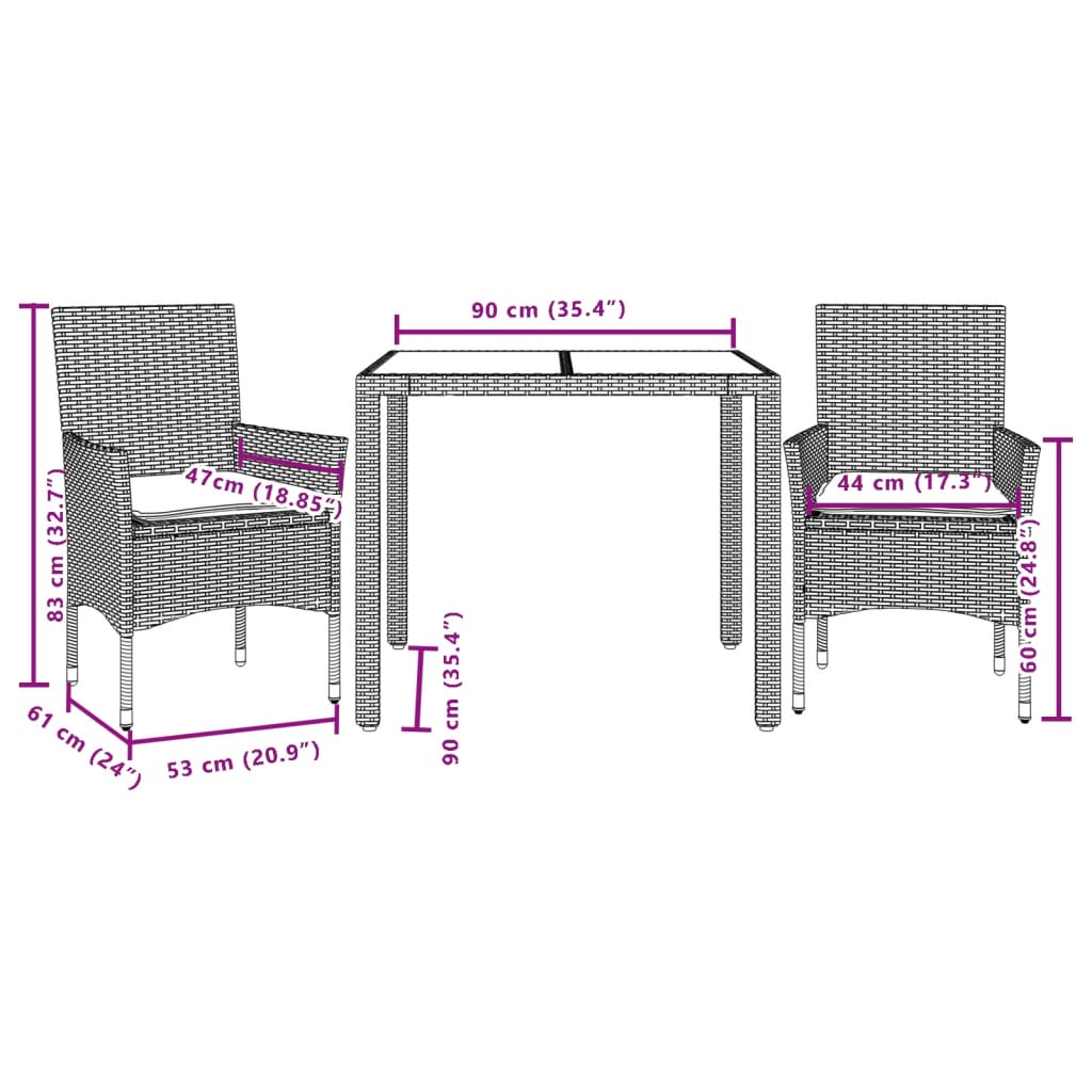 3-tlg. Garten-Essgruppe mit Kissen Hellgrau Poly Rattan Glas