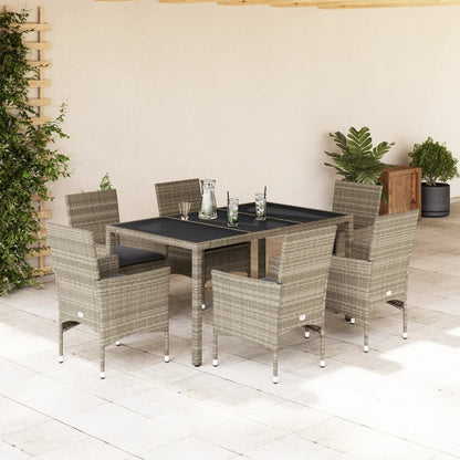 7-tlg. Garten-Essgruppe mit Kissen Hellgrau Poly Rattan & Glas