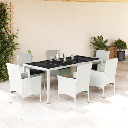 7-tlg. Garten-Essgruppe mit Kissen Weiß Poly Rattan und Glas