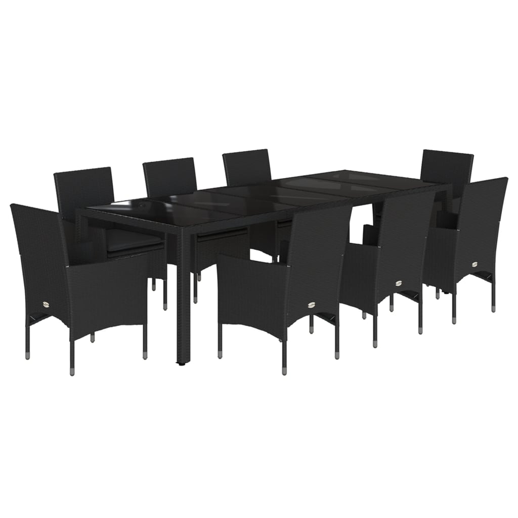 9-tlg. Garten-Essgruppe mit Kissen Schwarz Poly Rattan und Glas