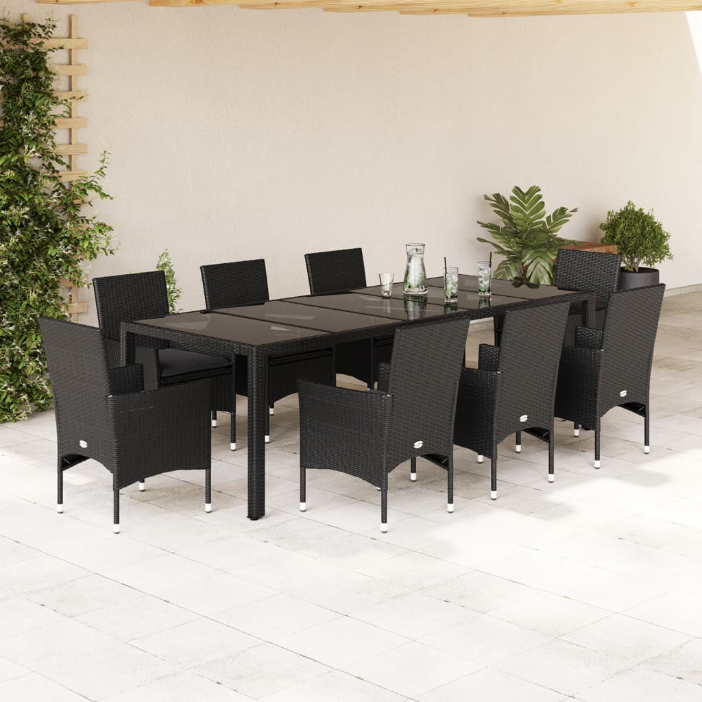 9-tlg. Garten-Essgruppe mit Kissen Schwarz Poly Rattan und Glas