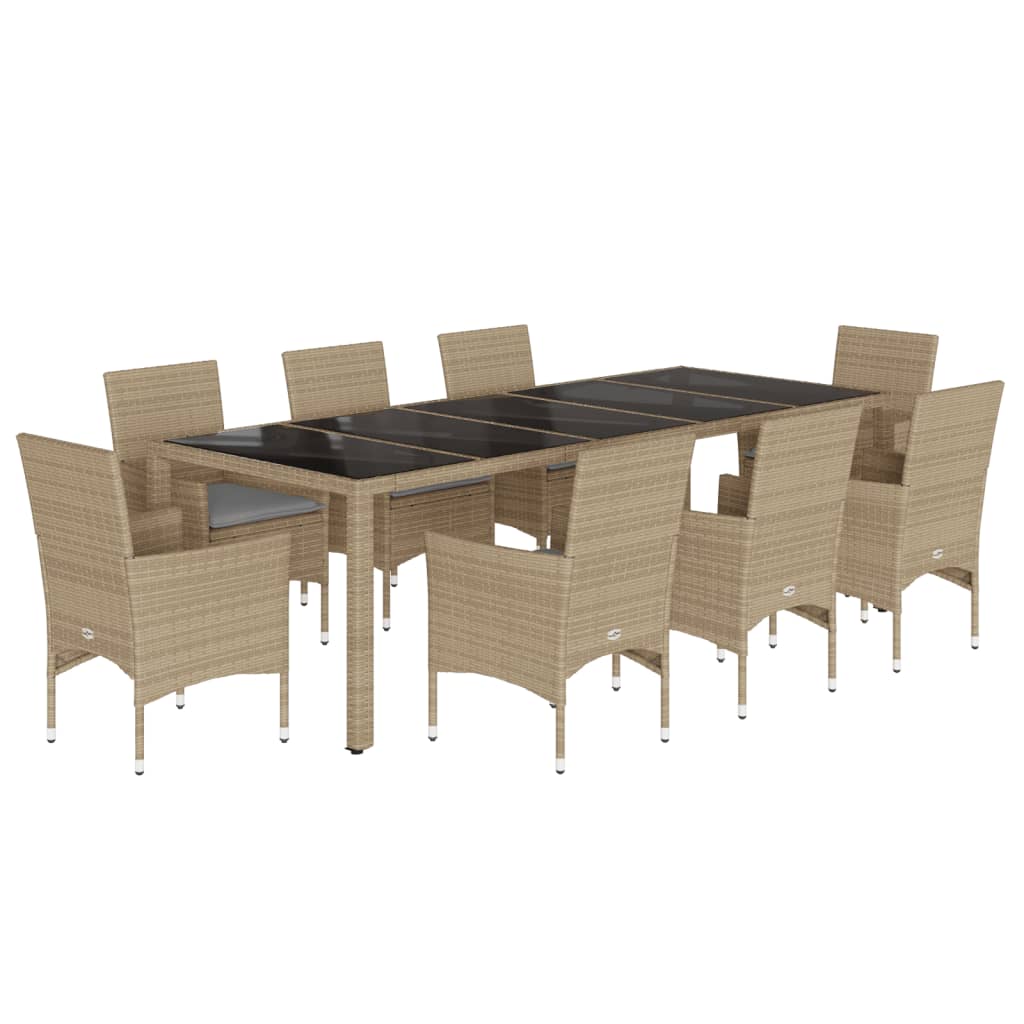 9-tlg. Garten-Essgruppe mit Kissen Beige Poly Rattan Glas