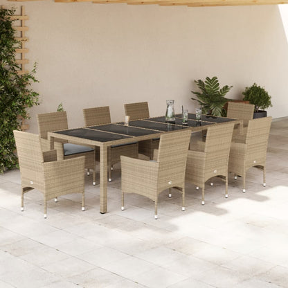 9-tlg. Garten-Essgruppe mit Kissen Beige Poly Rattan Glas