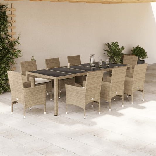 9-tlg. Garten-Essgruppe mit Kissen Beige Poly Rattan Glas