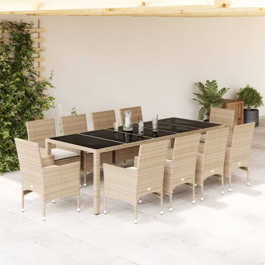 11-tlg. Garten-Essgruppe mit Kissen Beige Poly Rattan und Glas