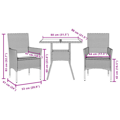 3-tlg. Garten-Essgruppe mit Kissen Schwarz Poly Rattan Glas