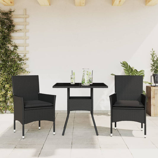 3-tlg. Garten-Essgruppe mit Kissen Schwarz Poly Rattan Glas