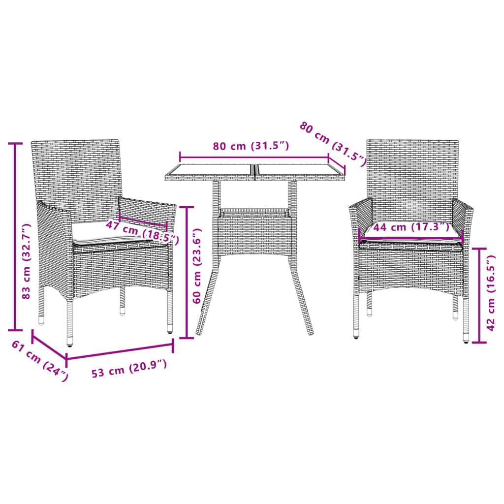 3-tlg. Garten-Essgruppe mit Kissen Grau Poly Rattan und Glas