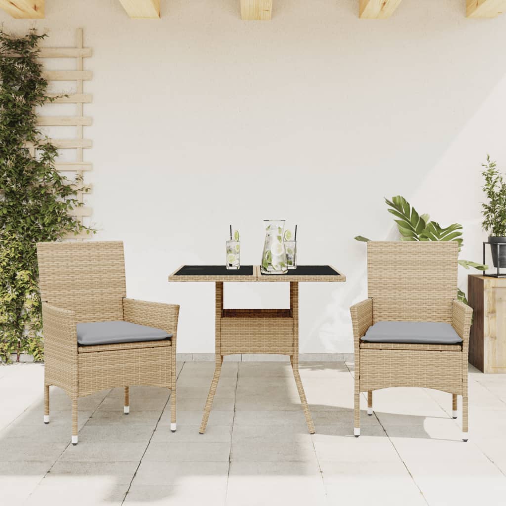 3-tlg. Garten-Essgruppe mit Kissen Beige Poly Rattan und Glas