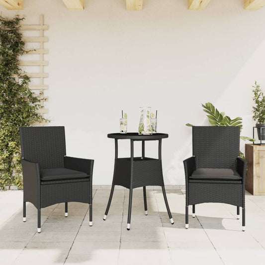 3-tlg. Garten-Essgruppe mit Kissen Schwarz Poly Rattan Glas