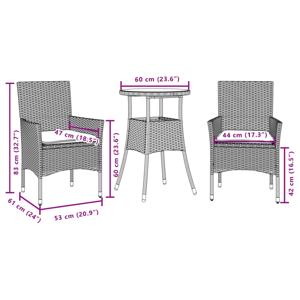 3-tlg. Garten-Essgruppe mit Kissen Braun Poly Rattan Glas