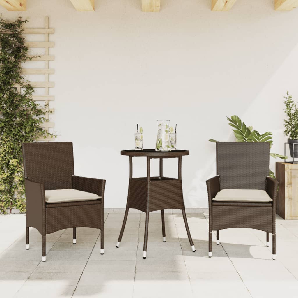 3-tlg. Garten-Essgruppe mit Kissen Braun Poly Rattan Glas