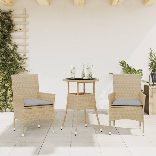 3-tlg. Garten-Essgruppe mit Kissen Beige Poly Rattan und Glas