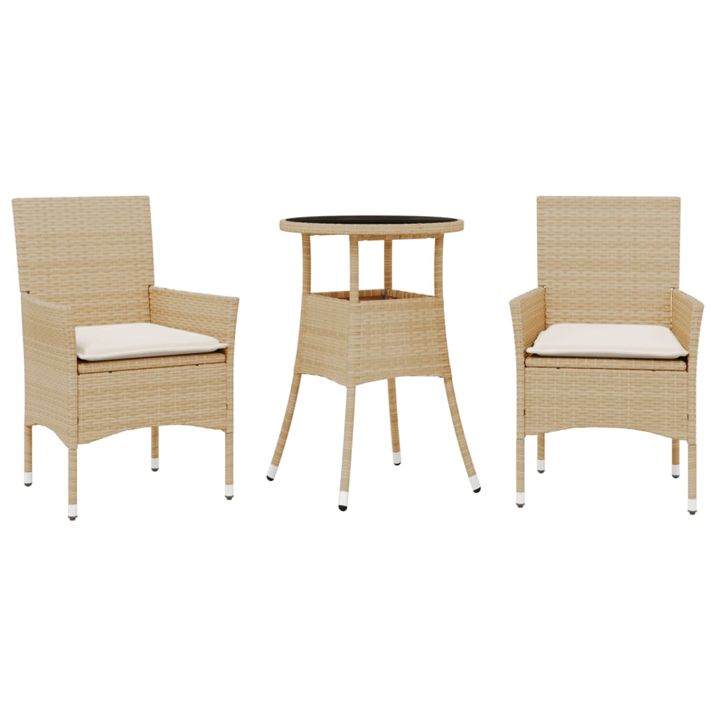 3-tlg. Garten-Essgruppe mit Kissen Beige Poly Rattan und Glas