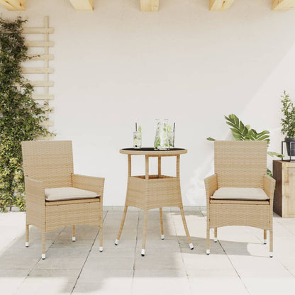 3-tlg. Garten-Essgruppe mit Kissen Beige Poly Rattan und Glas