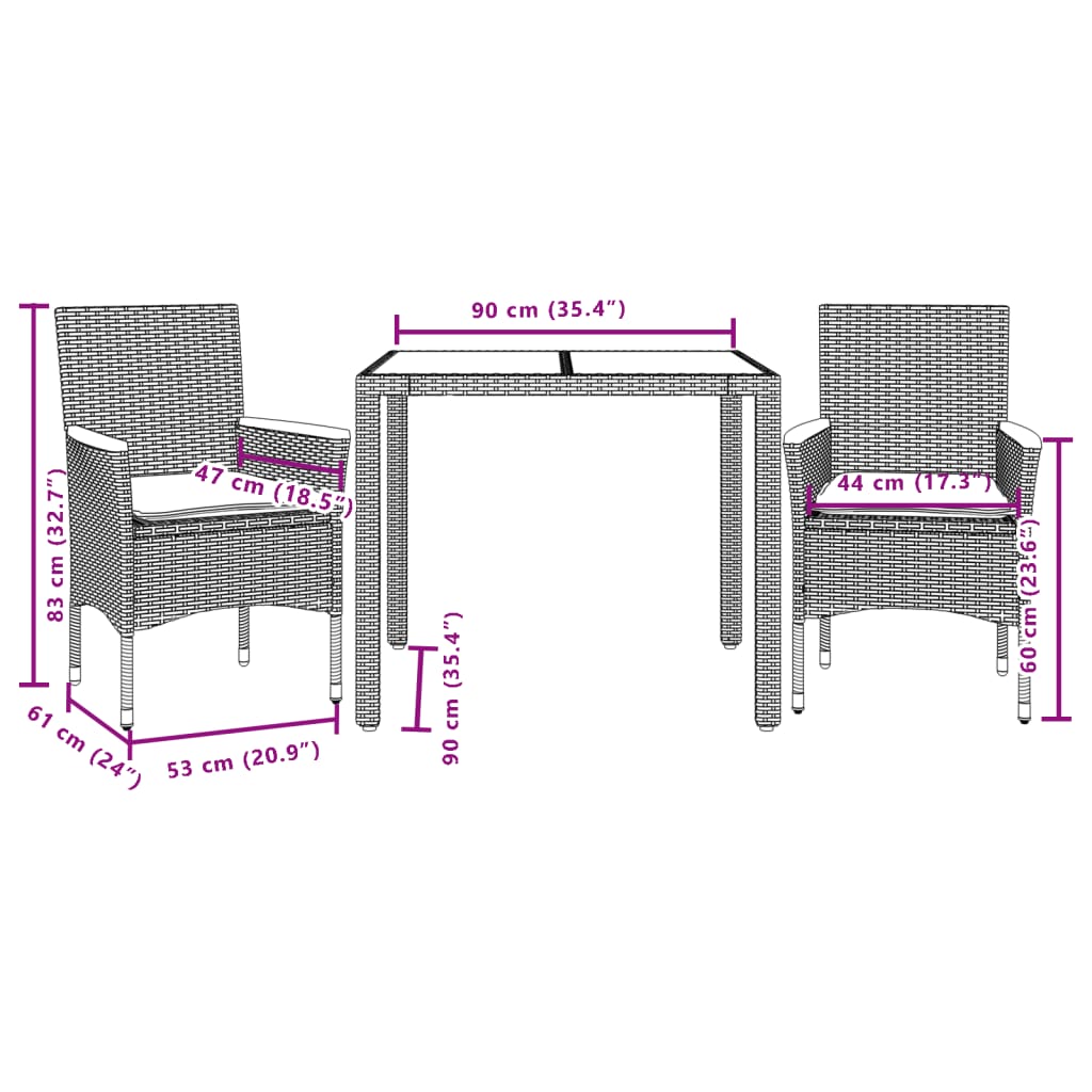 3-tlg. Garten-Essgruppe mit Kissen Schwarz Poly Rattan Akazie