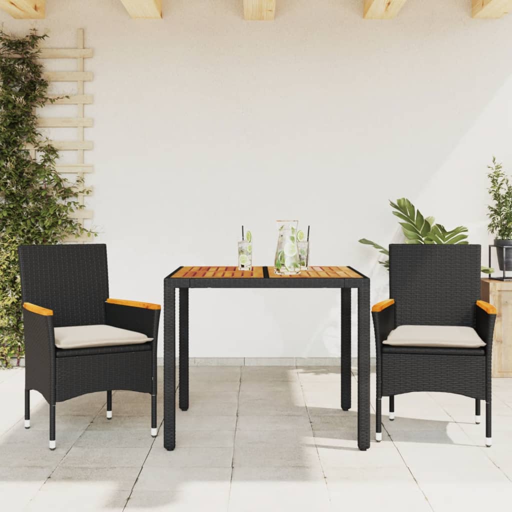 3-tlg. Garten-Essgruppe mit Kissen Schwarz Poly Rattan Akazie