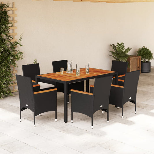 7-tlg. Garten-Essgruppe mit Kissen Schwarz Poly Rattan Akazie