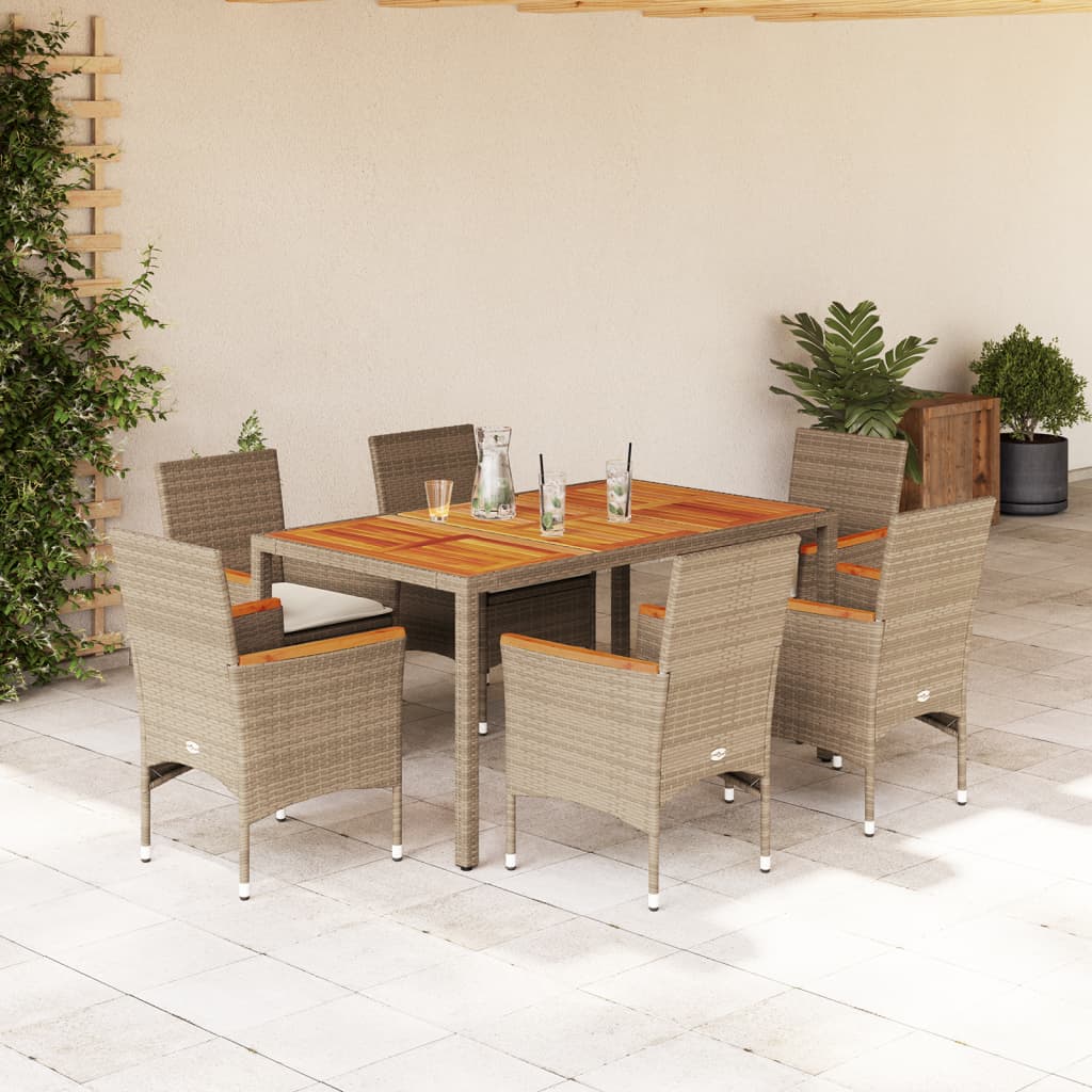 7-tlg. Garten-Essgruppe mit Kissen Beige Poly Rattan Akazie