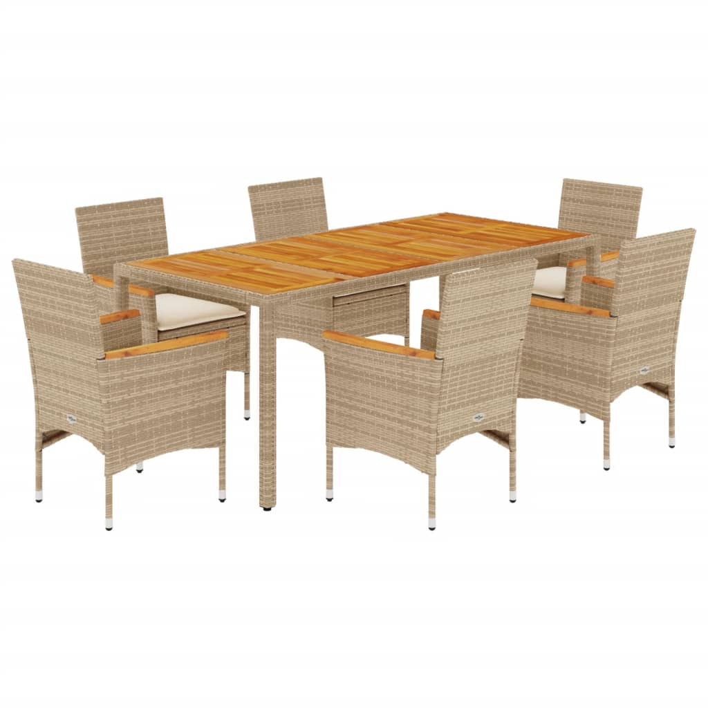 7-tlg. Garten-Essgruppe mit Kissen Beige Poly Rattan Akazie