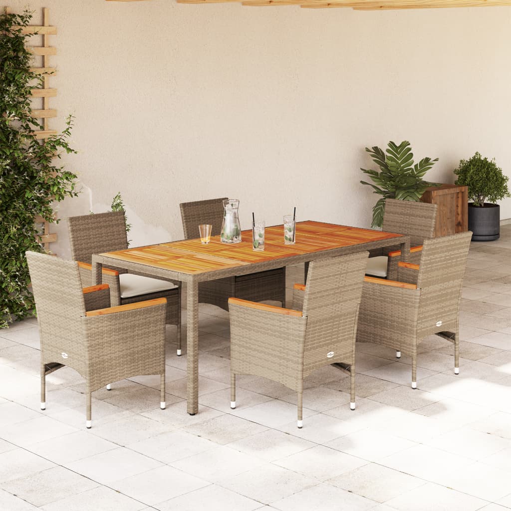 7-tlg. Garten-Essgruppe mit Kissen Beige Poly Rattan Akazie