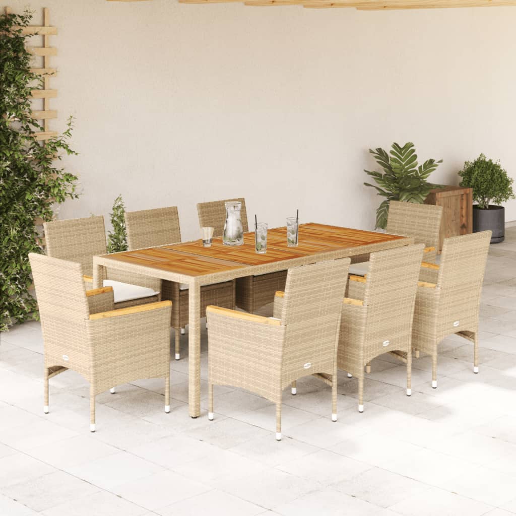 9-tlg. Garten-Essgruppe mit Kissen Beige Poly Rattan Akazie