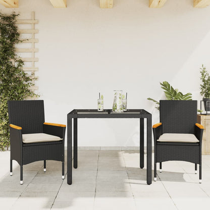 3-tlg. Garten-Essgruppe mit Kissen Schwarz Poly Rattan Glas