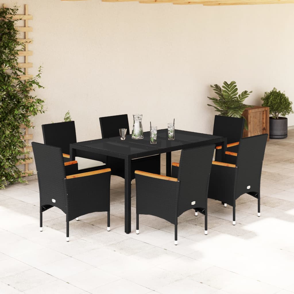 7-tlg. Garten-Essgruppe mit Kissen Schwarz Poly Rattan Glas