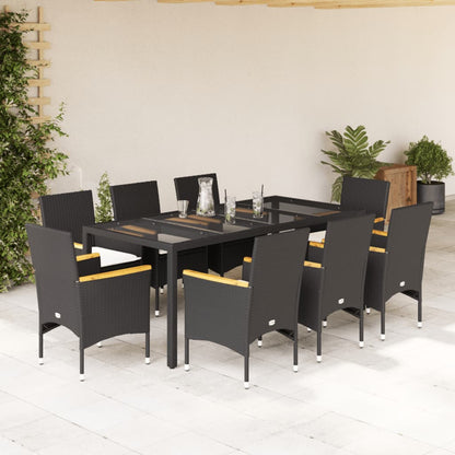 9-tlg. Garten-Essgruppe mit Kissen Schwarz Poly Rattan und Glas