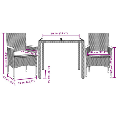 3-tlg. Garten-Essgruppe mit Kissen Grau Poly Rattan und Glas