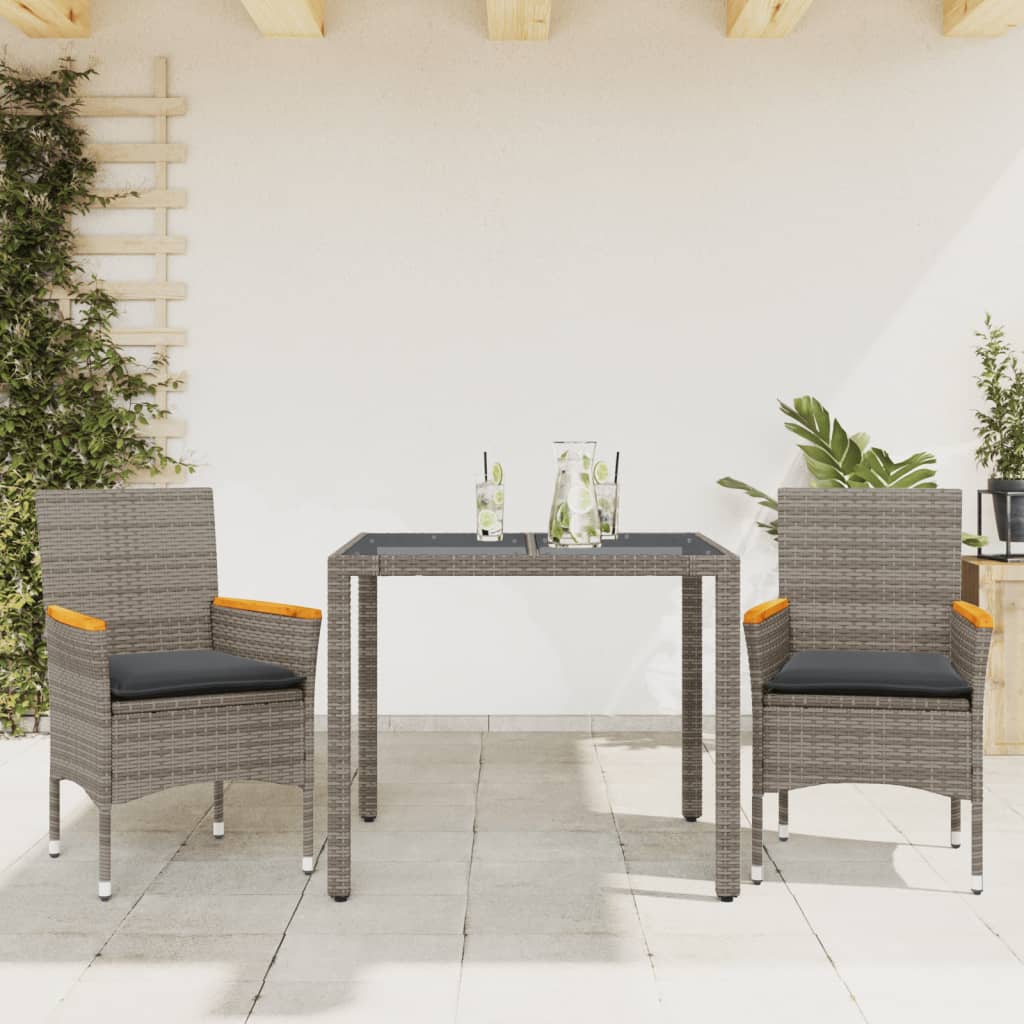 3-tlg. Garten-Essgruppe mit Kissen Grau Poly Rattan und Glas