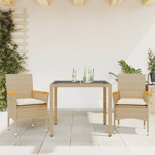 3-tlg. Garten-Essgruppe mit Kissen Beige Poly Rattan und Glas