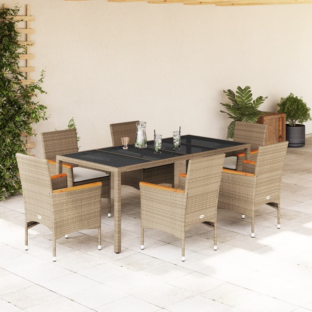 7-tlg. Garten-Essgruppe mit Kissen Beige Poly Rattan und Glas