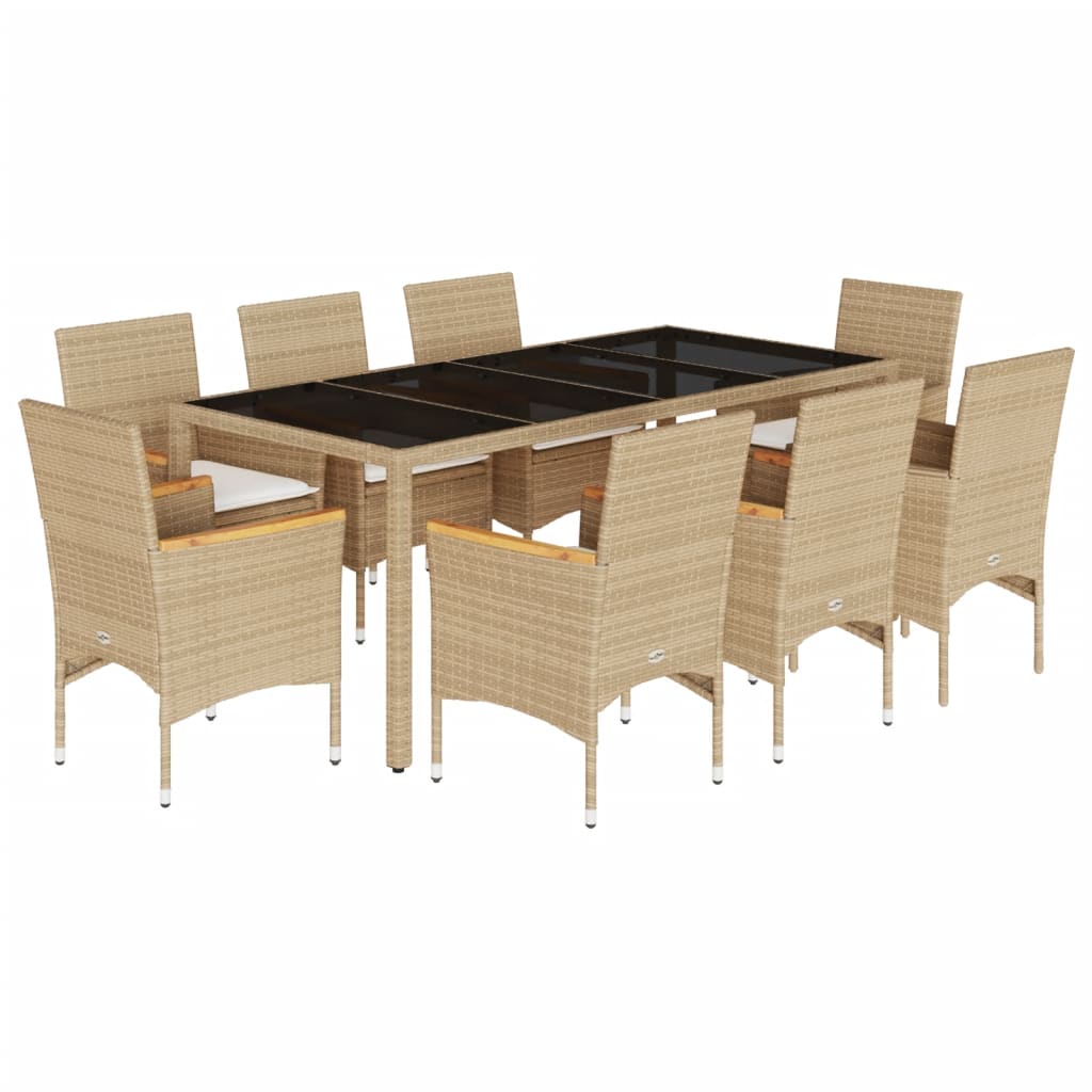 9-tlg. Garten-Essgruppe mit Kissen Beige Poly Rattan Glas