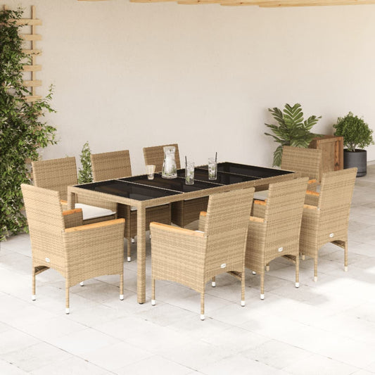 9-tlg. Garten-Essgruppe mit Kissen Beige Poly Rattan Glas