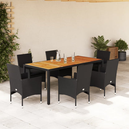 7-tlg. Garten-Essgruppe mit Kissen Schwarz Poly Rattan Akazie