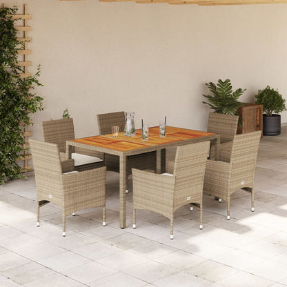 7-tlg. Garten-Essgruppe mit Kissen Beige Poly Rattan Akazie