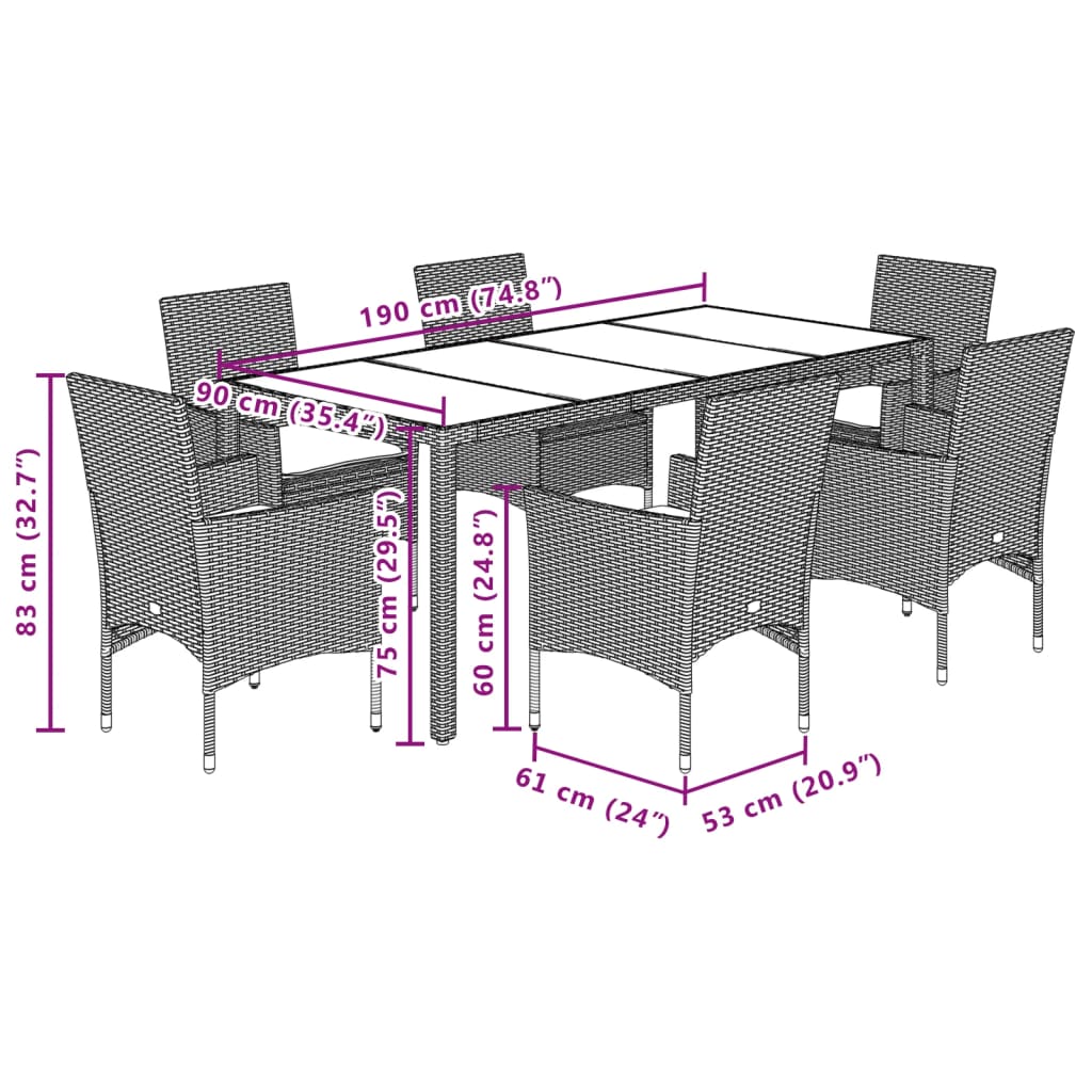 7-tlg. Garten-Essgruppe mit Kissen Beige Poly Rattan Akazie