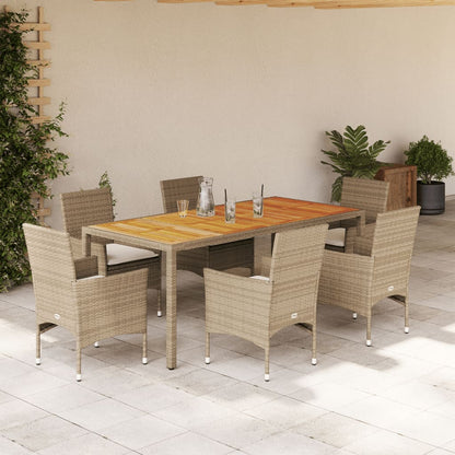 7-tlg. Garten-Essgruppe mit Kissen Beige Poly Rattan Akazie