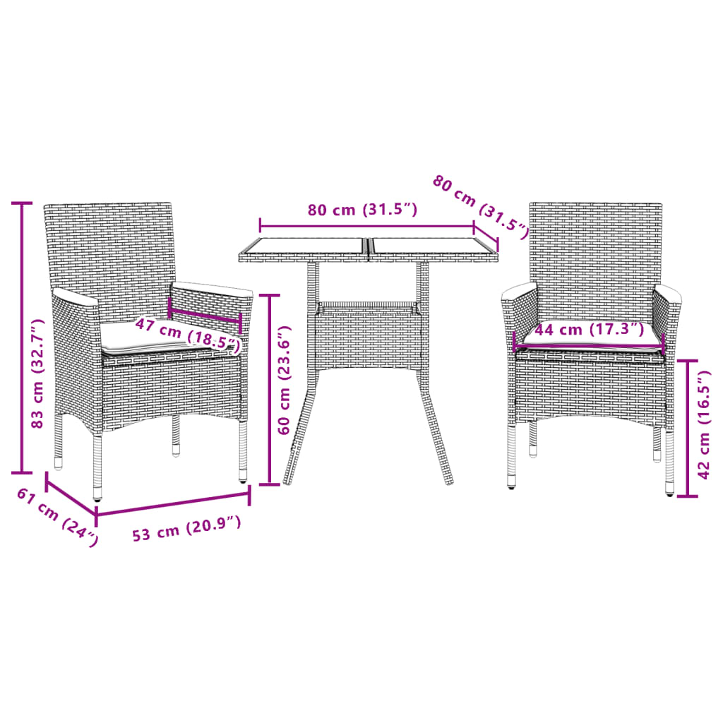 3-tlg. Garten-Essgruppe mit Kissen Schwarz Poly Rattan Glas