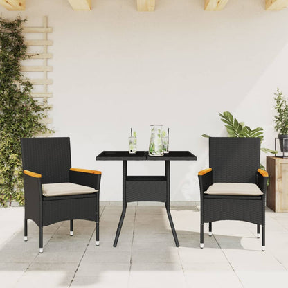 3-tlg. Garten-Essgruppe mit Kissen Schwarz Poly Rattan Glas